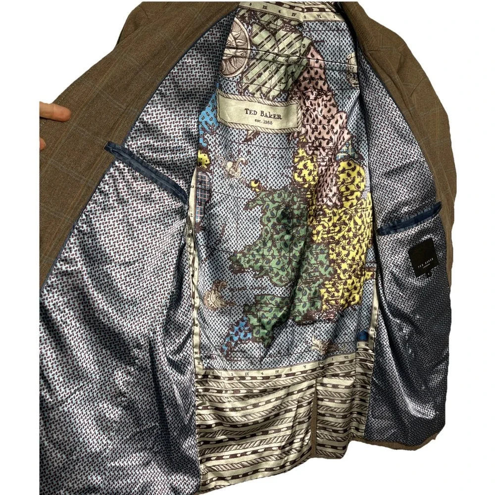 Ted Baker London Cotton‎ Windowpane Elbow Pads Map Lined Blazer  Size 4/US Large